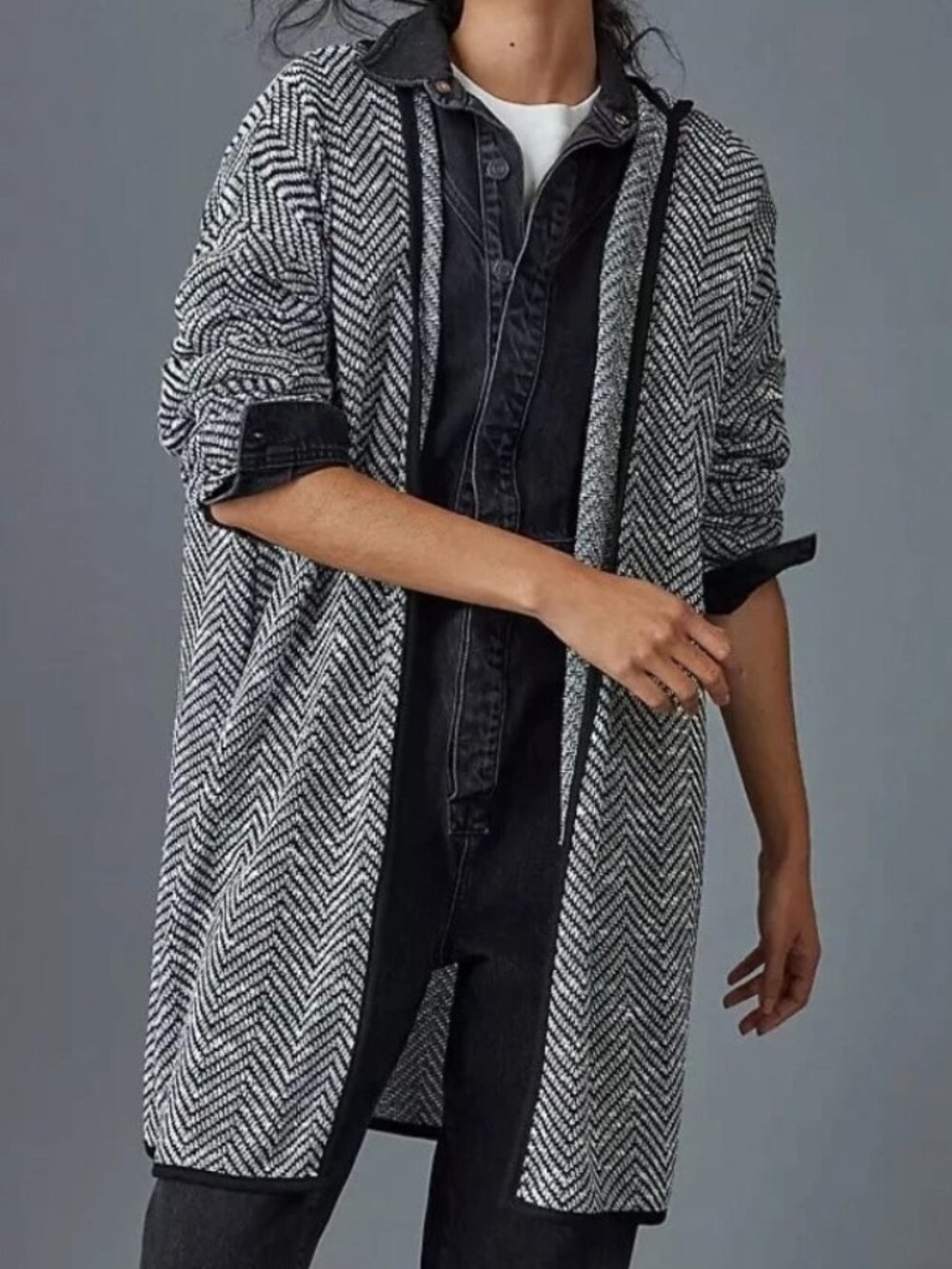 Anthropologie Maeve Bedford Black Herringbone Hooded Cardigan Sweater Size M
